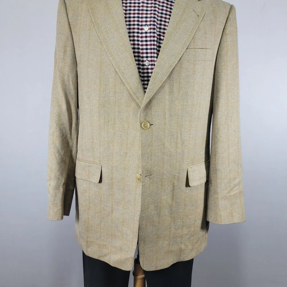 Hart‎ Schaffner Marx Men's Sport Coat Blazer Two Button Beige Plaid Size 44R